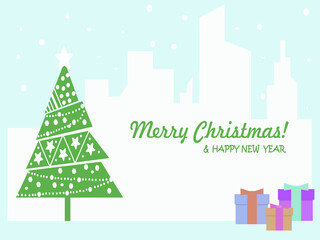 Merry Christmas and New Year. A Christmas card with a Christmas tree decorated with balls and a garland. Against the background of winter cityscape with snowflakes. Packed gifts in beautiful boxes.