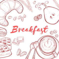 Breakfasts, top view frame, hand drawn sketch vector illustration, food menu design. Engraved style image. Traditional breakfast.