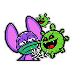 Funny Bat Characters wears a mask protection for coronavirus 19 disease with Not Again text, Spirit for fight covid-19 Cartoon Vector