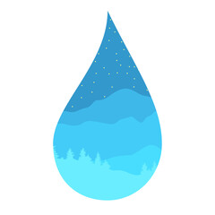 Water drop aqua with landscape background, rain drop, doodle, sign icon or symbol, vector illustration.