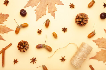 Autumn composition. Autumn leaves and corn, pine cone, anise star. Flat lay, top view, copy space