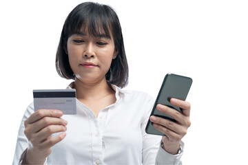 Naklejka premium Working woman using credit card on smartphone