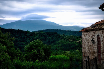 Fototapeta na wymiar Dark sky and beautiful sunset in the mountain valley of Istria, Croatia