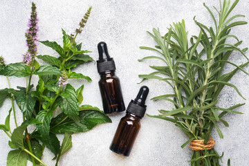 Essential aroma oil in dark glass bottles with peppermint and rosemary on on a gray concrete background.