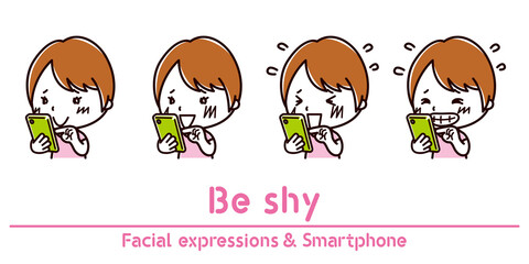 スマホを持った女性の表情のイラスト/照れる