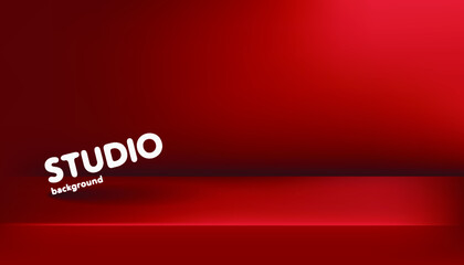 Realistic template of empty red studio, photostudio, table, room. Used as background for display or advertise your products. Vector illustration