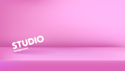 Realistic template of empty pink studio, photostudio, table, room. Used as background for display or advertise your products. Vector illustration
