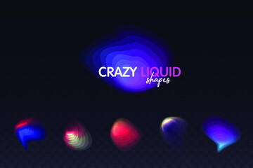 Set of colorful blended gradient shapes isolated on black transparent background. Abstract liquid shapes. Bright smooth bubbles. Geometric halftone colorful gradient. Vector Illustration