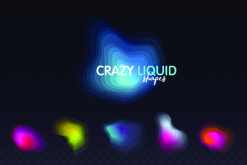 Set of colorful blended gradient shapes isolated on black transparent background. Abstract liquid shapes. Bright smooth bubbles. Geometric halftone colorful gradient. Vector Illustration