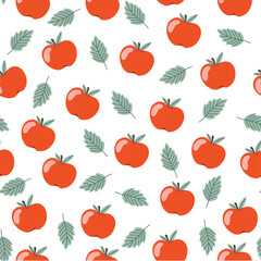 Seamless pattern with red apples. 
Apples on a white background with green leaves.