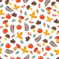 Cute vector seamless pattern. Autumn seamless pattern with red and yellow oak leaves, acorns, apples, pumpkin, mushrooms, berries. Wrapping paper or fabric.