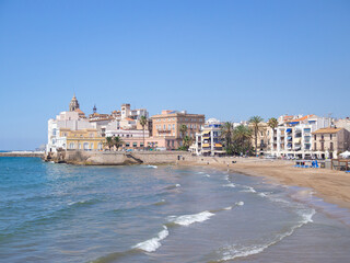 Fototapeta na wymiar San Sebastia beach panoramic view located in Sitges, Spain