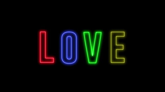 Neon text of "LOVE" with colorful letter, rainbow style. Concept of lesbian, gay, bisexual, transsexual and queer.