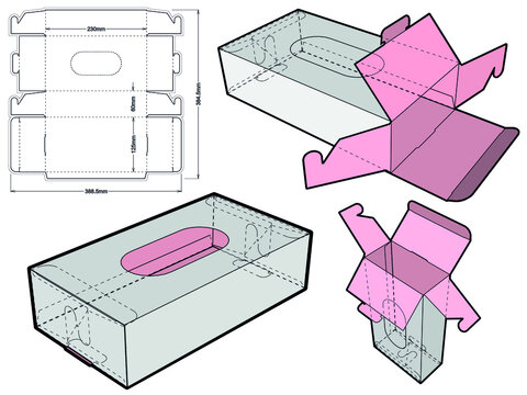 Dispenser Box. Box for Rubber Gloves or Paper Napkins (Internal measurement 12,5x6x23cm) and Die-cut Pattern. The .eps file is full scale and fully functional. Prepared for real cardboard production.