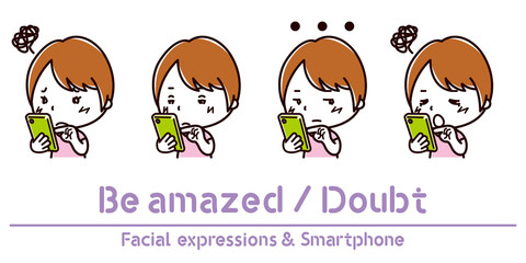 スマホを持った女性の表情のイラスト/疑う/呆れる