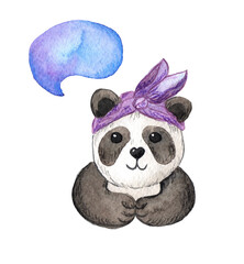 Naklejka premium watercolor illustration of a cute panda girl with a headband. on a white background, purple cloud for your text. For design, cards, invitations, albums. children's print