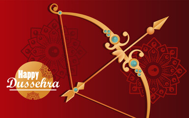 happy dussehra celebration card with arch and lettering in red background