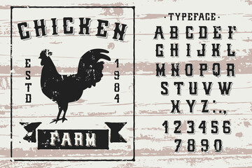 The logo of the poultry farm in vintage, Scandinavian style on a worn wooden background. Vector illustration with a set of letters and numbers drawn by hand © Дмитрий Бондаренко