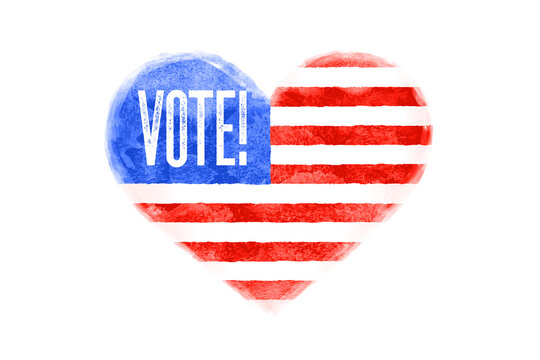 Vote, USA. Poster of heart shape, text Vote, United State of America flag. Vote, red and blue isolated heart symbol on white background. Watercolor heart with American flag. Vector Illustration