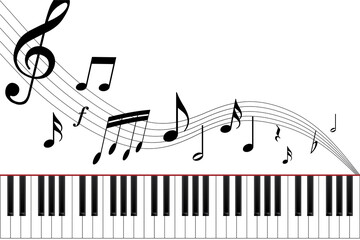 白いピアノ鍵盤と音符のイメージ white piano and music note concept image illustration