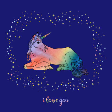 Vector illustration of unicorn with black contour and watercolor filling, text isolated on the blue background