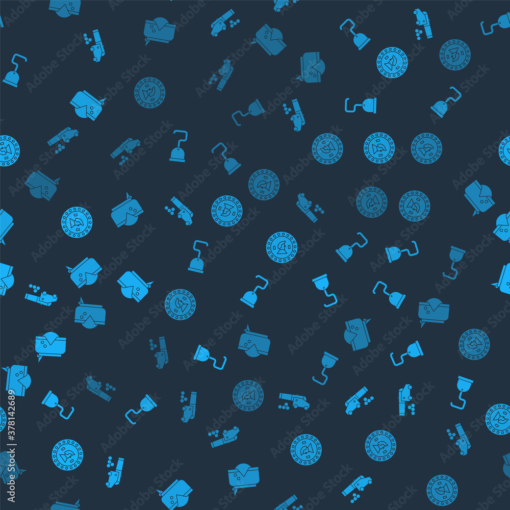 Poster set cannon with cannonballs, pirate hook, coin and hat on seamless pattern. vector.