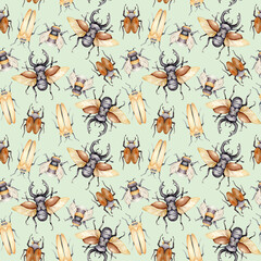 Watercolor seamless pattern with beetles