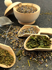 Lavender, thyme and mint on wooden spoons and in bulk. Healthy herbs. Healthy diet.