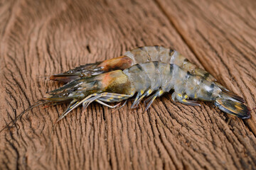 whole round fresh black tiger prawn on wooden background