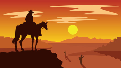 Fototapeta na wymiar Cowboy sitting on the horse vector illustration. Western concept silhouette.