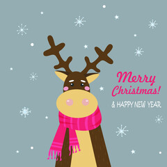 Merry Christmas and Happy New Year.  Deer in a red knitted scarf. Symbol of Christmas. Congratulations card. Vector flat illustration