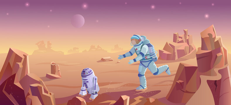 Spaceman chasing robot. Uninhabited planet landscape. Futuristic concept. Cartoonish vector illustration.