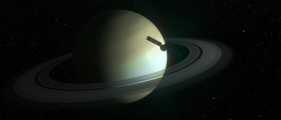 a satellite scans the saturn (3d rendering,this image elements furnished by NASA)