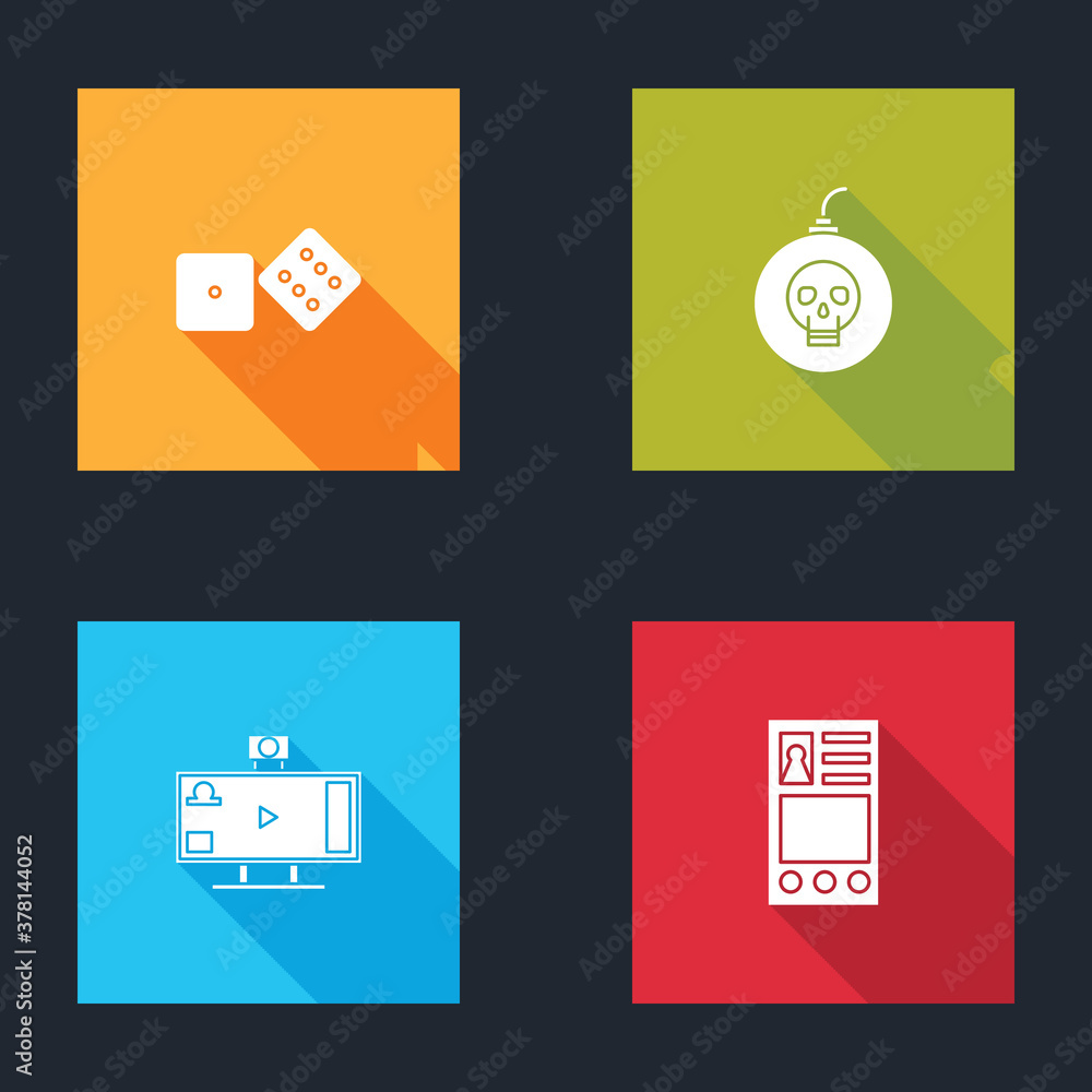Poster set game dice, bomb ready to explode, live streaming online and create account screen icon. vector.