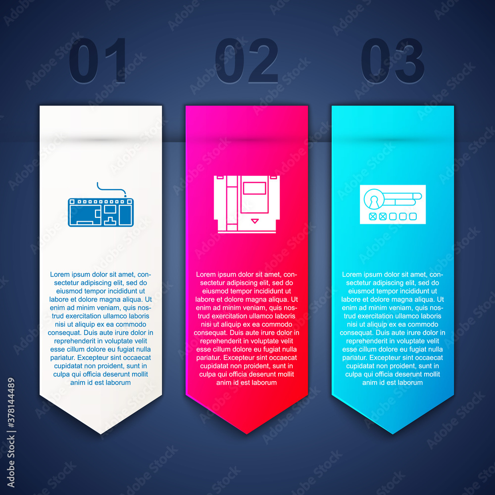 Poster set computer keyboard, cartridge and create account screen. business infographic template. vector.