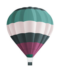 Balloon for flights. Hot aircraft isolated on white background. Flying in the clouds on a color airship. Beautiful airy flying hot air machine. Green, White and purple stripes aerostat. Flat image