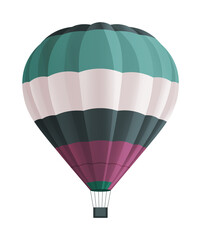 Naklejka premium Balloon for flights. Hot aircraft isolated on white background. Flying in the clouds on a color airship. Beautiful airy flying hot air machine. Green, White and purple stripes aerostat. Flat image