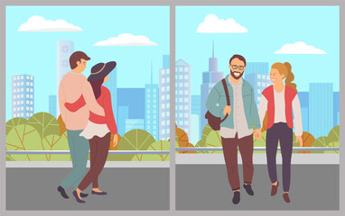 Couple of girl and guy walking in urban park, people walk at nature hugging each other, students holding hands, city buildings at background, woman man spend leisure time together, outdoors activity