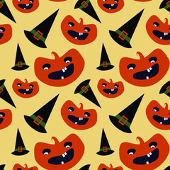 Vector halloween seamless pattern with black hat, pumpkin on orange background for fabrics, paper, textile, gift wrap 