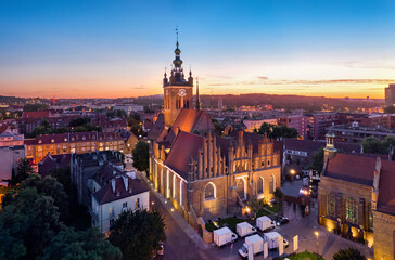 Aerial view at dusk of St. Catherine's Church in old town of Gdansk, Poland