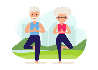 Senior couple goes in for sports on the street. Yoga practice. Vector illustration in flat style. Old man and woman are active outdoor