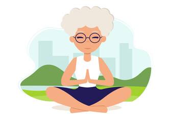 Senior woman in yoga lotus practices meditation. Yoga practice. Vector illustration in flat style. Old woman meditating outdoor