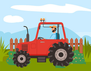 Obraz na płótnie Canvas Bearded farmer in cap rides red tractor on lawn. Rustic wooden fence, flowering bushes, mountains and sky on background. Use tractor to plow the soil. Grow and harvest. Agriculture, truck farming