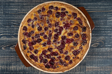 Homemade organic cherry pie dessert ready to eat, close up. Cherry tart