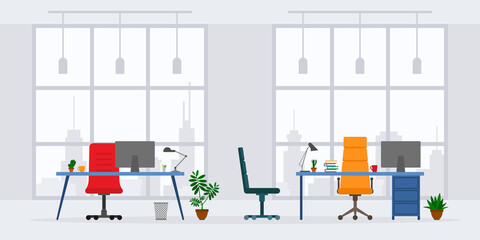 Design of modern empty office working place front view vector illustration. Flat style table, desk, chair, computer, desktop, plant, lamp isolated on skyscraper background