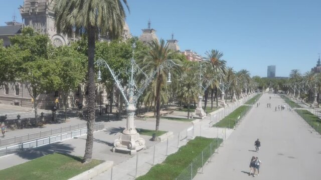 Barcelona. Street in Arch of Triumph . Paseo San Juan Avenue. Catalonia,Spain Aerial Drone Footage