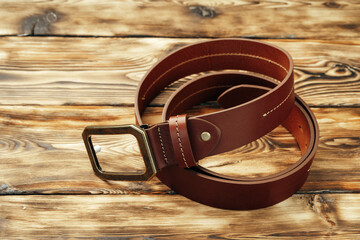 Fashionable male belt on brown wooden background