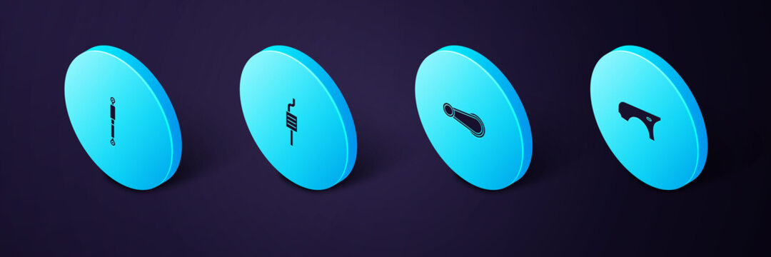 Set Isometric Car Fender, Door Handle, Muffler And Shock Absorber Icon. Vector.