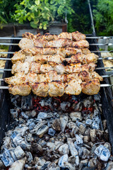 Charcoal barbecue. Outdoor cooking. Pork on skewers. Brazier with grilled meat. Cooking food close up
