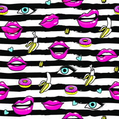 Seamless pattern with fashion patch badges with lips, shoes, lipstick, donuts, etc. Vector illustration in cartoon 80s-90s comic style.